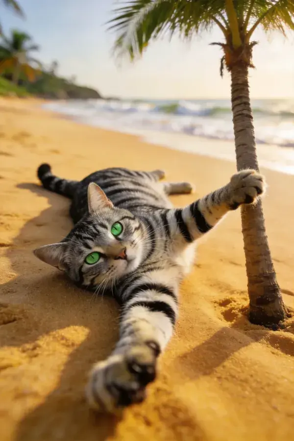沙滩椰树下银纹短毛猫伸展姿态