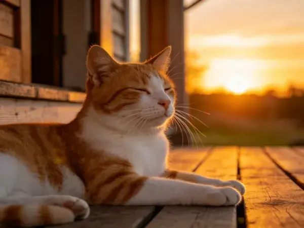 门廊上橘白相间短毛家猫沐浴夕阳场景