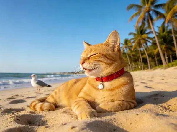阳光下沙滩上的橘色短毛家猫