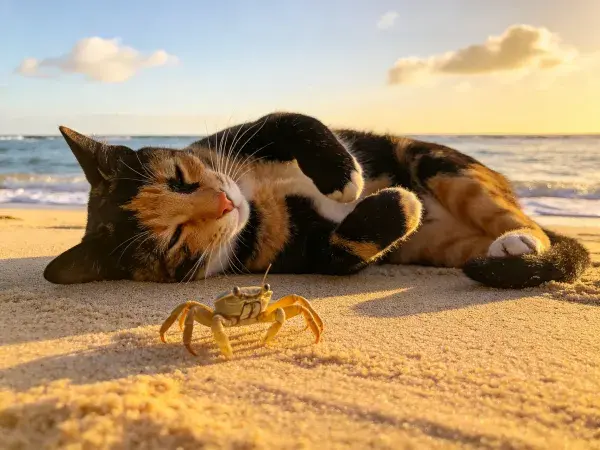 沙滩上三色短毛家猫与螃蟹互动场景