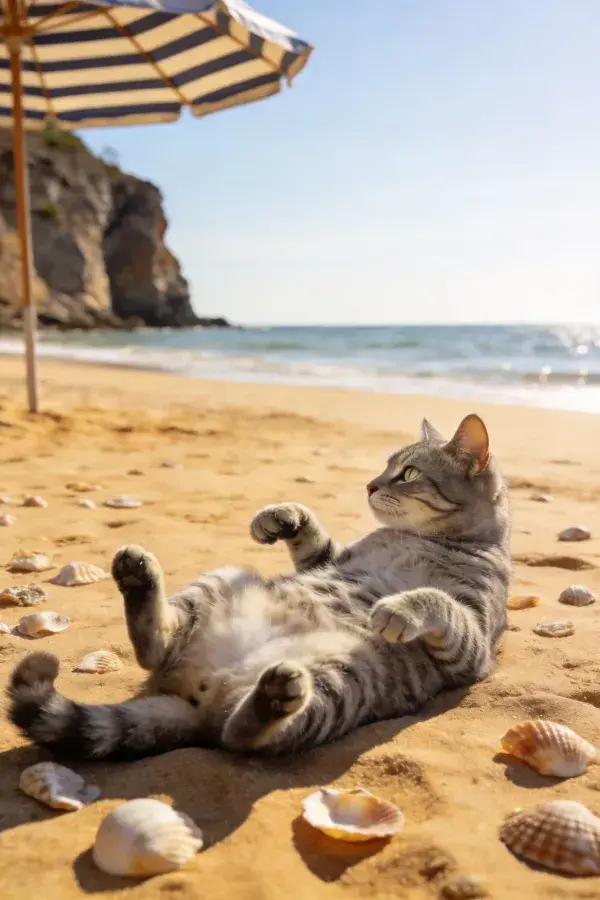 沙滩贝壳间放松的短毛虎斑猫