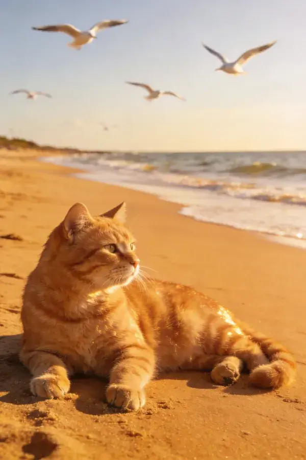 海滩沙地上的橘色短毛猫