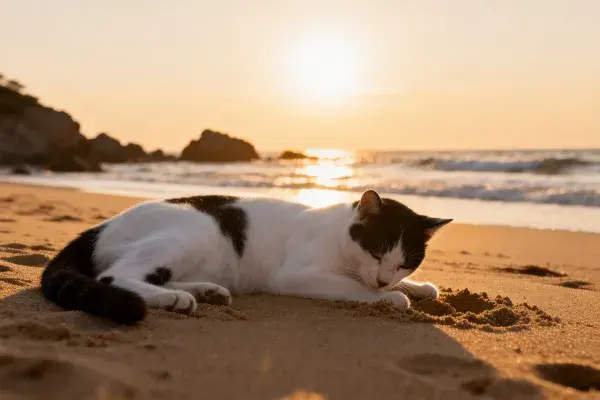 短毛黑白家猫 沙滩躺卧