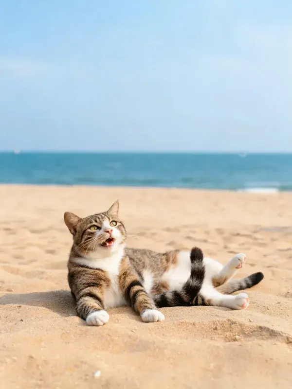 沙滩上三色短毛猫的放松姿态