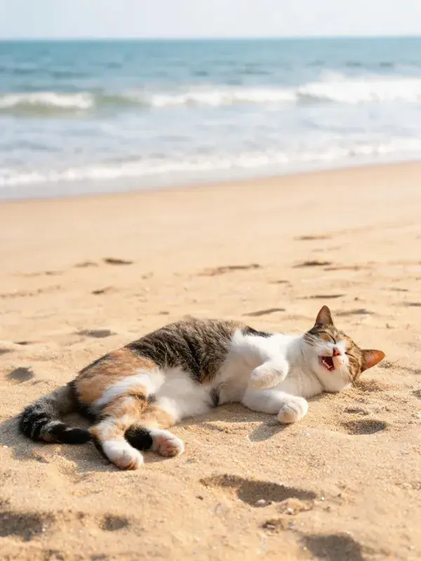 沙滩上三色短毛猫的休憩状态