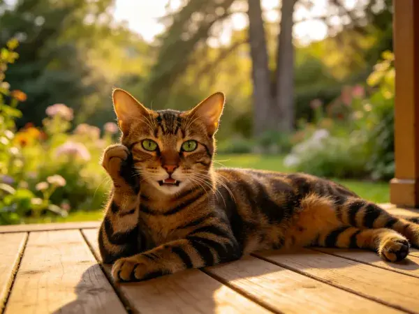 孟加拉猫在露台抬爪休憩