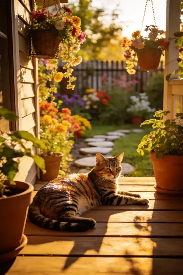阳光下木质平台上休息的短毛虎斑猫
