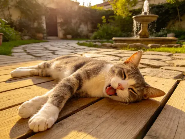 木平台上灰白相间短毛家猫休憩图