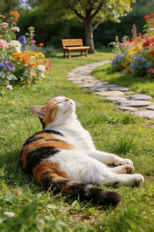 花园草地上的三色短毛家猫
