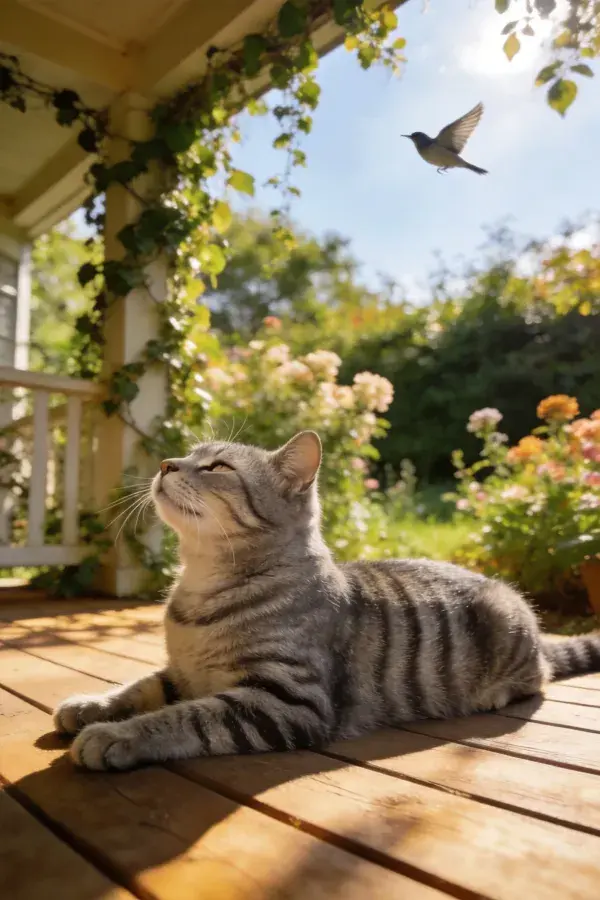 银虎斑短毛猫仰望飞鸟于木平台