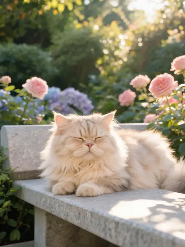 波斯长毛猫在石凳上的休憩状态