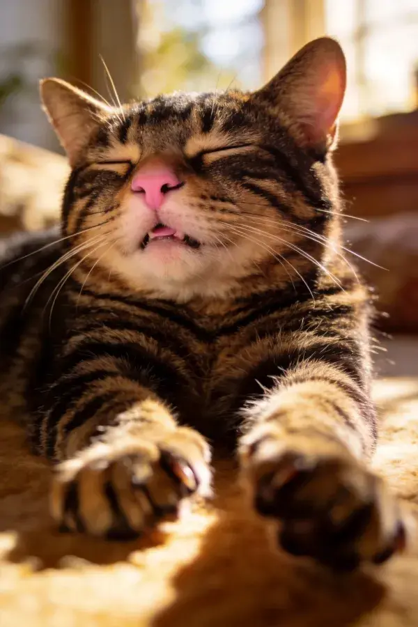 室内阳光下放松的短毛虎斑猫