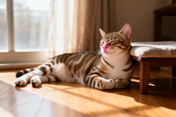 室内暖光下短毛虎斑猫休憩场景