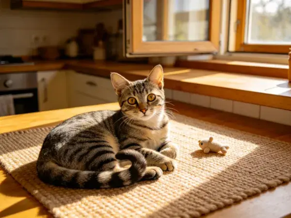 阳光下短毛虎斑猫与玩具摆件