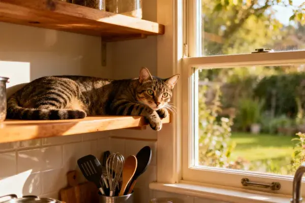 木制搁板上短毛虎斑猫近景