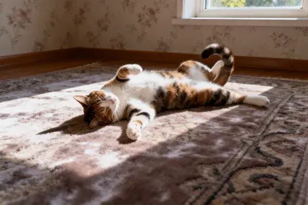 室内地毯上的三色短毛猫