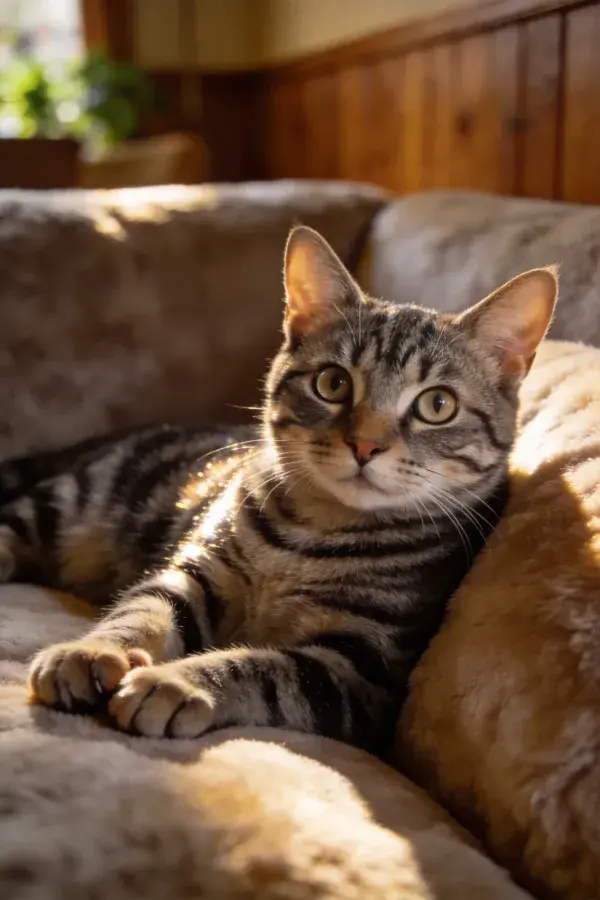 室内沙发上的短毛虎斑猫