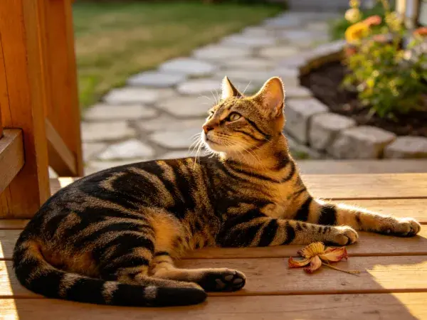 短毛虎斑猫在木质平台上休息的场景