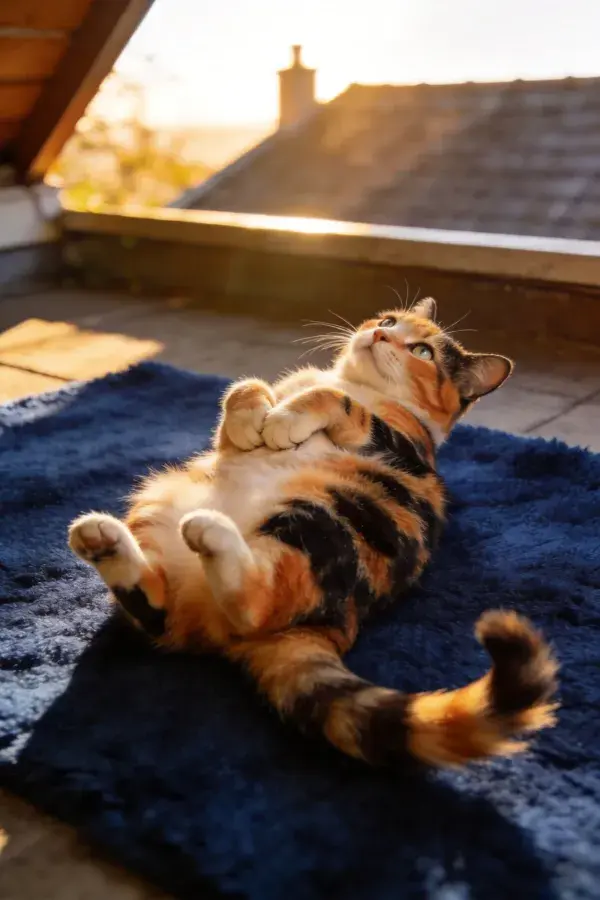 三色短毛家猫仰卧阳光处
