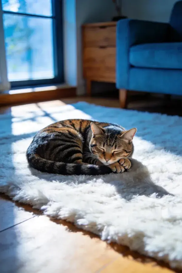 虎斑猫在阳光照射下蜷卧
