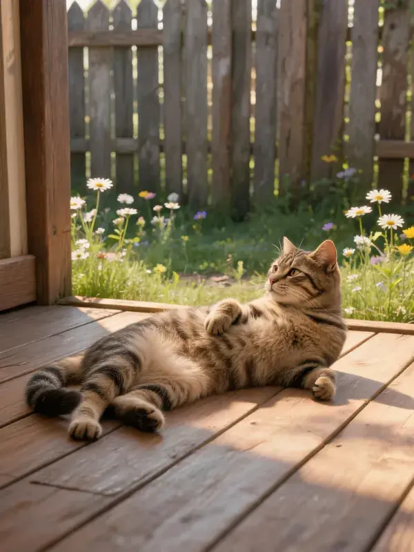 阳光明亮处虎斑猫在木质平台上的姿态