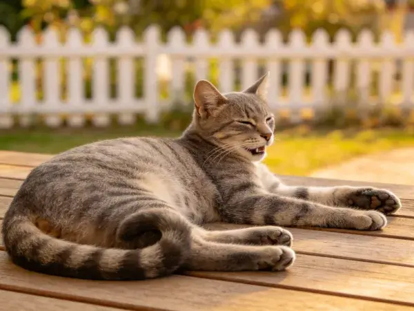 露天平台上休息的短毛虎斑猫