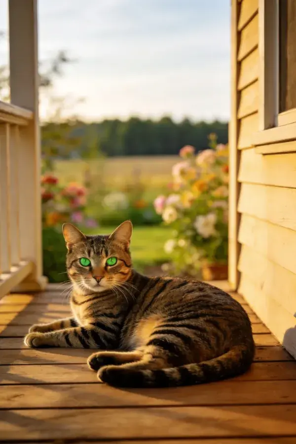 木屋门廊上的短毛虎斑猫