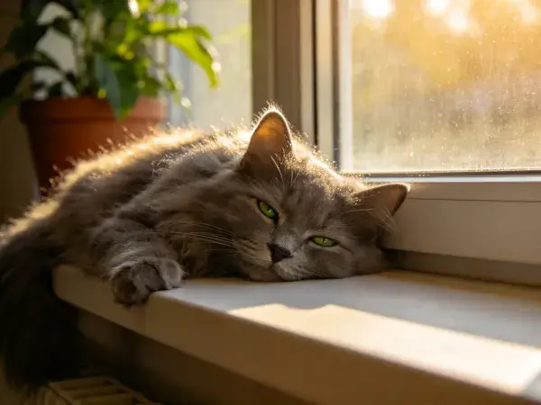 阳光下窗台上的灰色长毛家猫