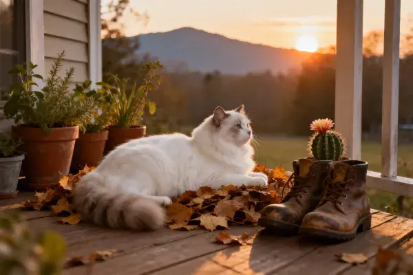 门廊暖光下双色布偶猫与落叶景致