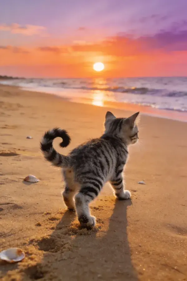 短毛虎斑猫漫步沙滩夕阳下
