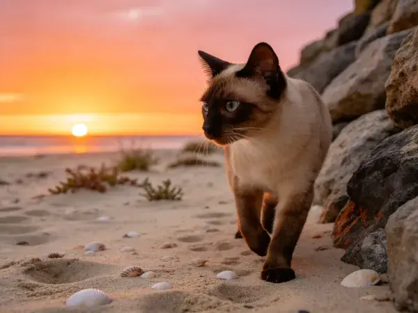 沙滩日落下的暹罗猫特写