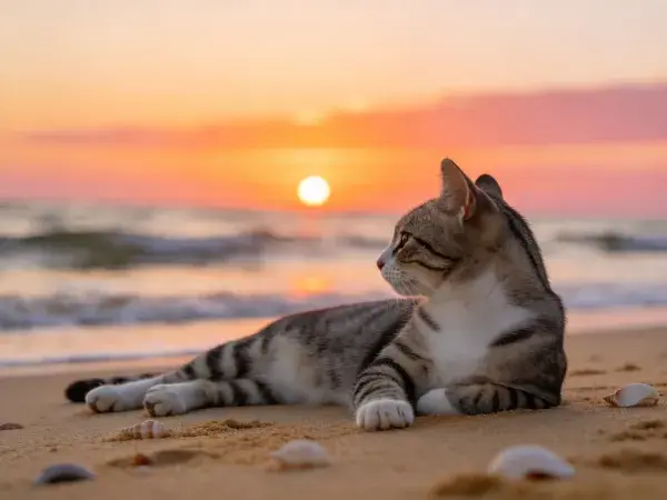 海滩日落下的短毛家猫休憩场景
