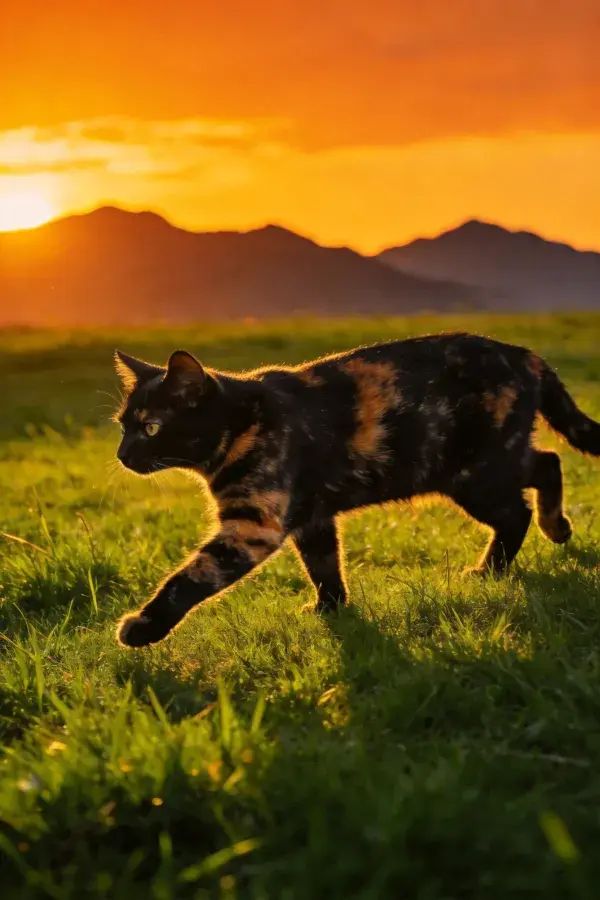 玳瑁猫夕阳下草地行走特写