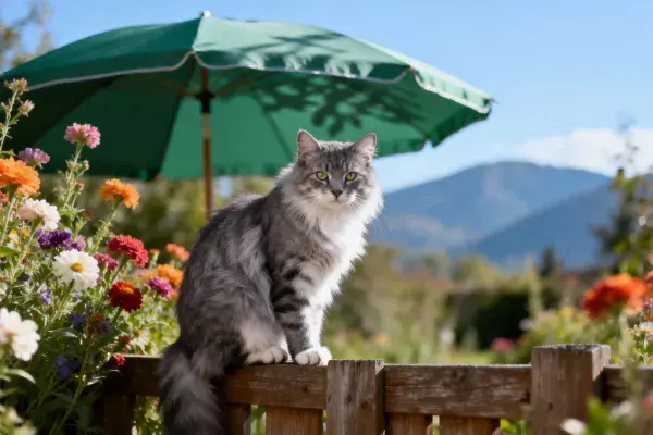 缅因猫在花园木栅栏上的姿态