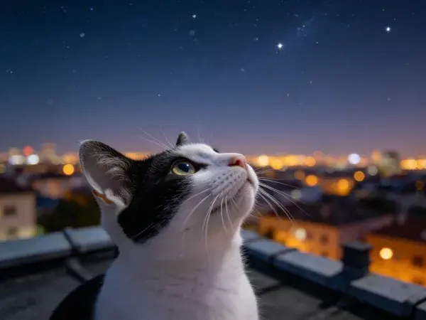 露天平台上黑白花色短毛家猫仰望星空特写