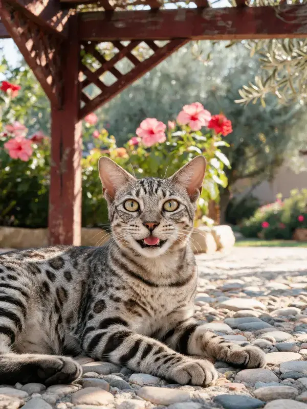 孟加拉猫在庭院石板路上的姿态