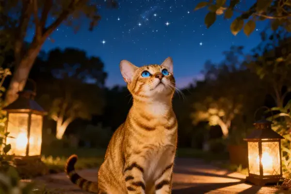 夜花园中注视星空的孟加拉猫
