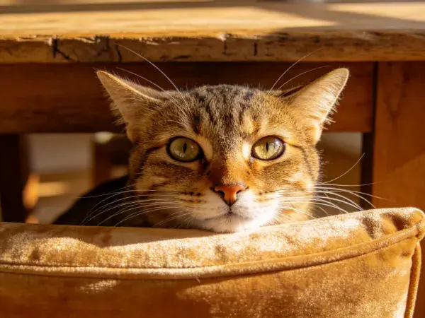 木质空间下短毛虎斑猫观察场景