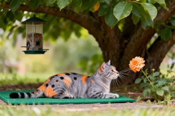 树荫下三色短毛家猫与花卉景致