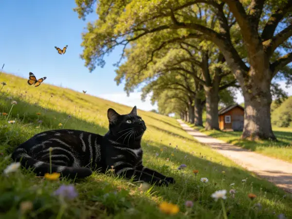 草地中斑纹短毛家猫与蝴蝶互动场景