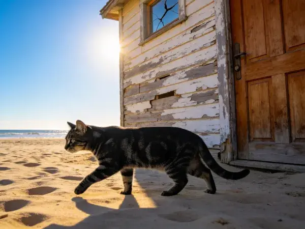 短毛虎斑猫沙滩旁老屋行走场景