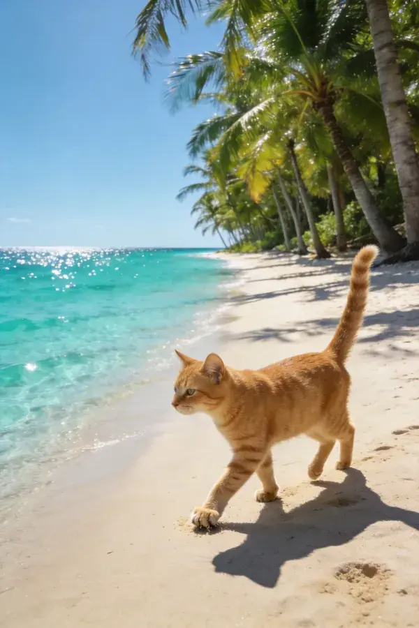 阳光沙滩上的橘色短毛家猫