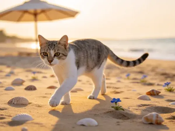 沙滩上行走的灰白花斑短毛家猫