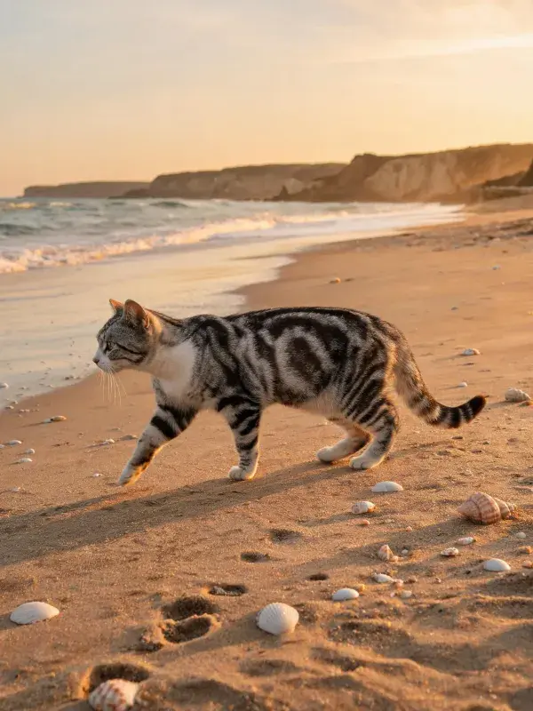沙滩黄昏时短毛虎斑猫漫步景象
