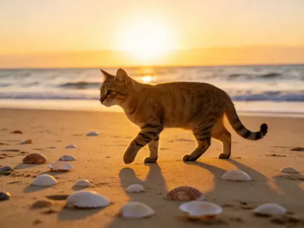 阳光下沙滩上的短毛橙虎斑猫