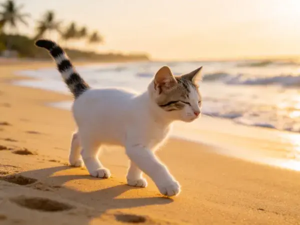 阳光海滩上的灰白条纹短毛家猫