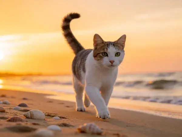 海滩日落下的白棕相间短毛家猫