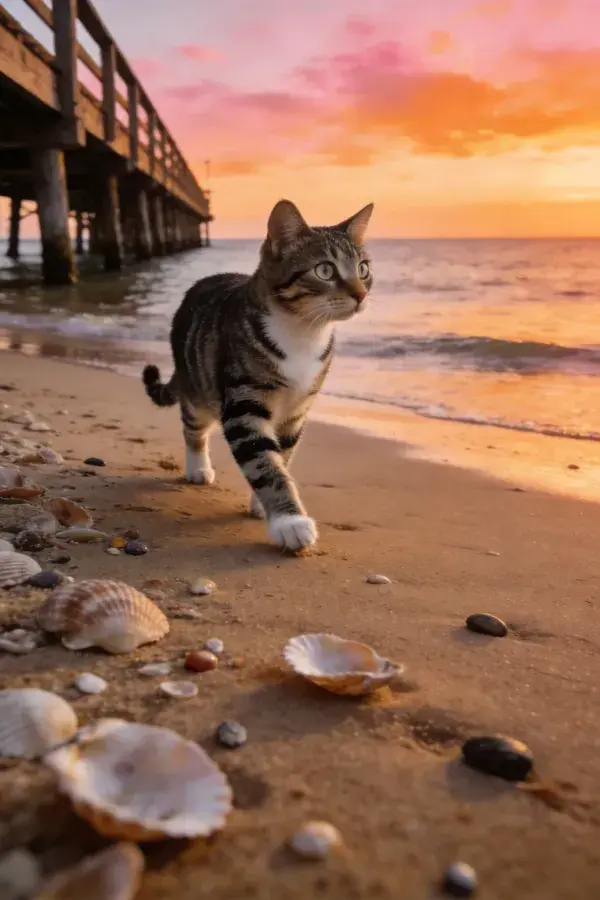 海滩栈桥旁的虎斑短毛家猫