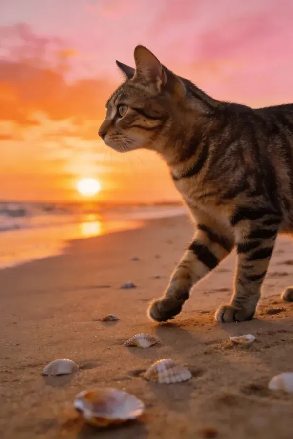 沙滩黄昏短毛虎斑猫漫步