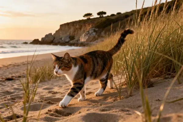 三色短毛家猫 海滩沙地漫步